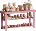 SMIBUY Bamboo Shoe Rack Bench, 3-Tier Shoe Organizer Storage Shelf for Entryway Hallway Bathroom Living Room (Pink)
