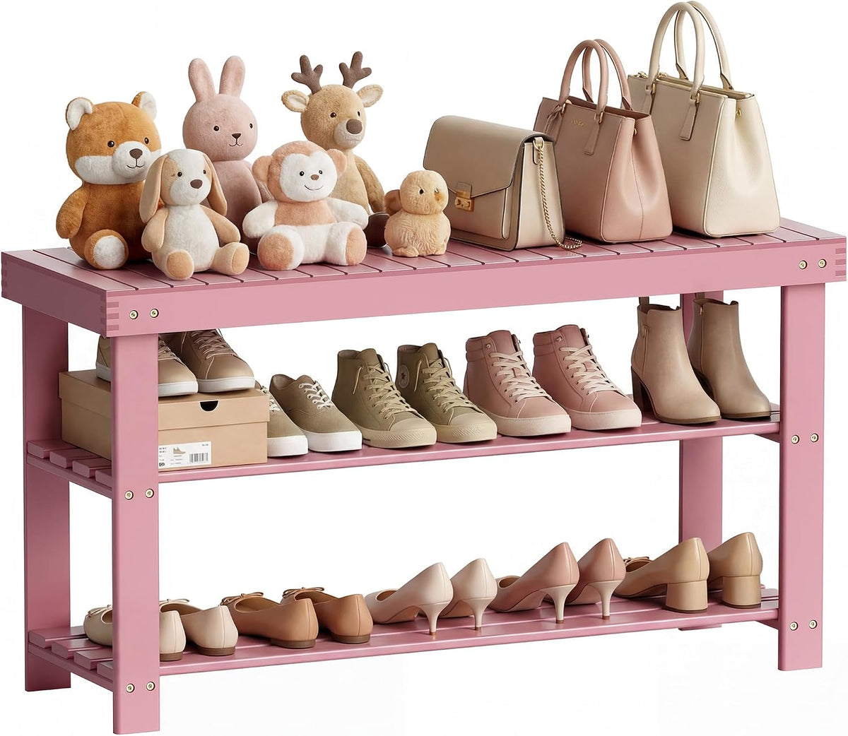 SMIBUY Bamboo Shoe Rack Bench, 3-Tier Shoe Organizer Storage Shelf for Entryway Hallway Bathroom Living Room (Pink)