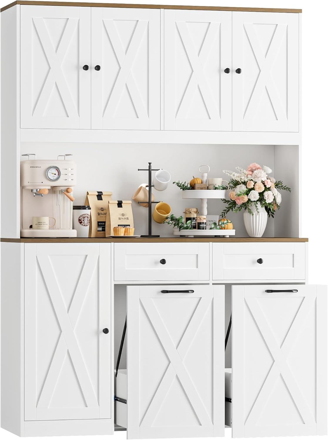 HOSTACK 71" Kitchen Pantry with 12.5 Gallon Double Trash Can Cabinet, White | Farmhouse Garbage Can Cabinet with Pull Out Trash Can Storage, 47"W Kitchen Hutch with Hidden Garbage Storage for Dining Room