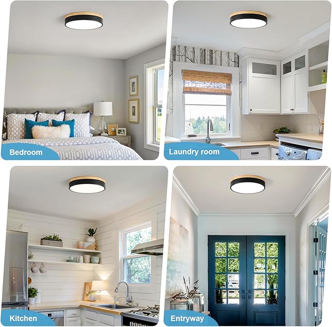 Dimmable Wood LED Ceiling Light, 5CCT 2700K-6000K Modern Black Flush Mount Ceiling Light, Minimalist Round Close to Ceiling Light Fixture for Bedroom, Kitchen, Laundry Room, Hallway, 11.81in