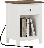 ChooChoo Farmhouse Nightstand with Charging Station | Wooden Top Bedside End Table with Drawer and Storage Space for Bedroom, White