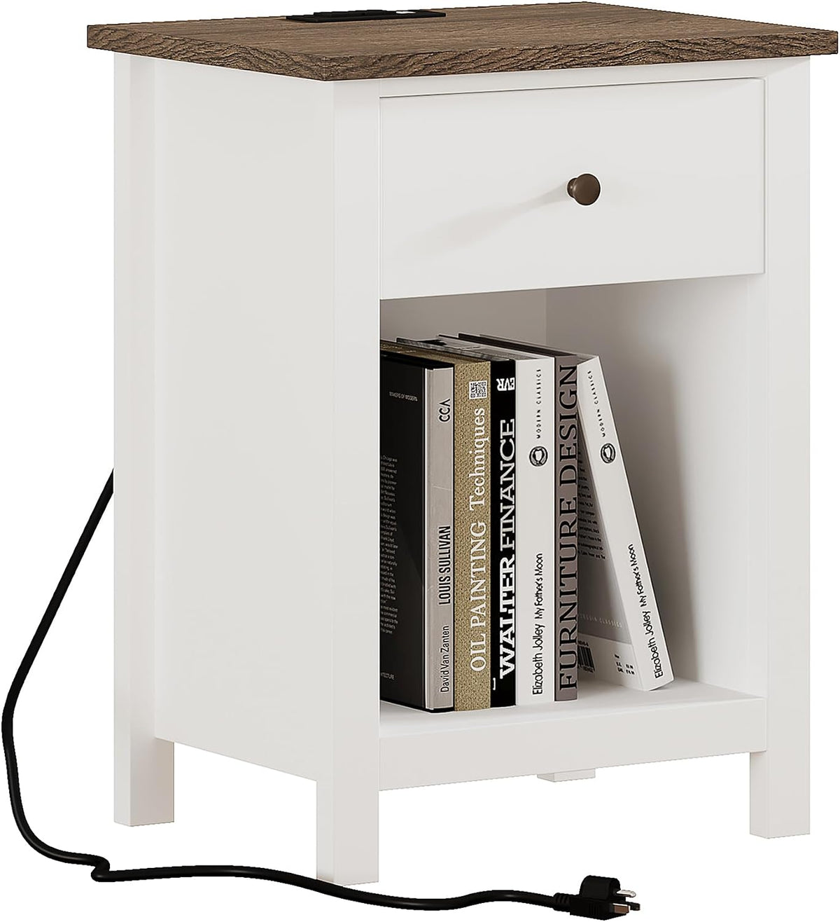 ChooChoo Farmhouse Nightstand with Charging Station | Wooden Top Bedside End Table with Drawer and Storage Space for Bedroom, White