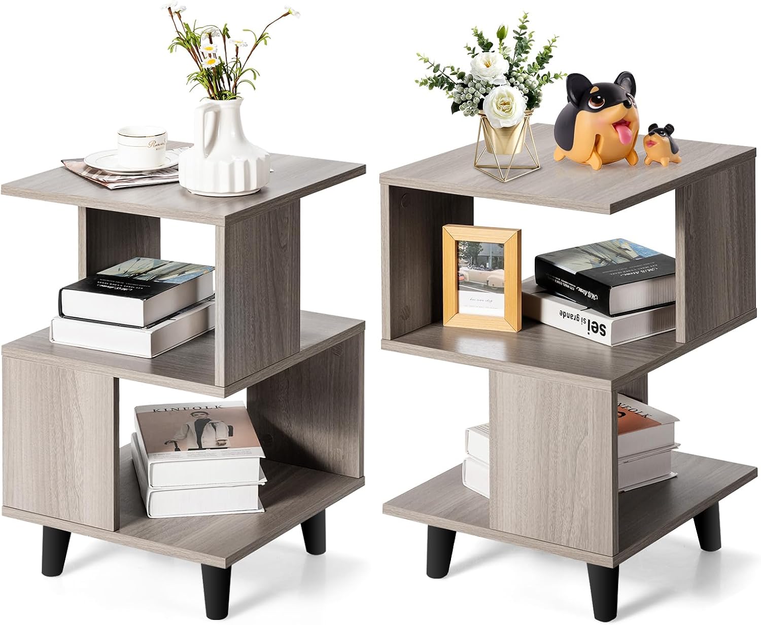 Giantex End Table, Wood Nightstand with Legs, Accent Sofa Side Table Open Storage Shelves, Small Bookcase for for Living Room Bedroom Study Room (Light Grey)