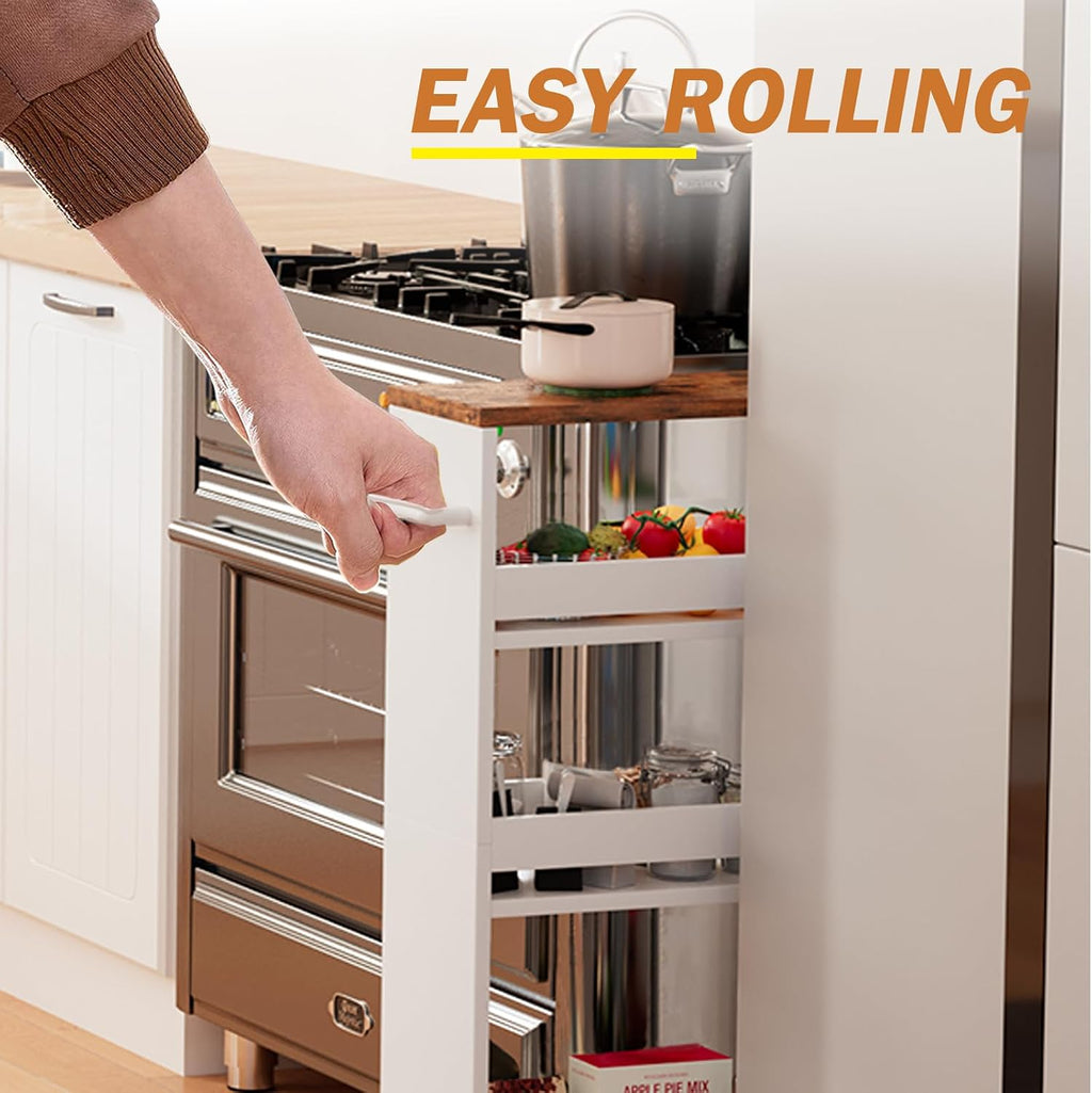 TEAMIX Slim Rolling Storage Cart, Wood 4-Tier Narrow Kitchen/Laundry Cart | 5.5"W Thin Cabinet with Wheels and Handle, Use as Spice Rack Next to Fridge, Laundry Room Organization Between Washer & Dryer