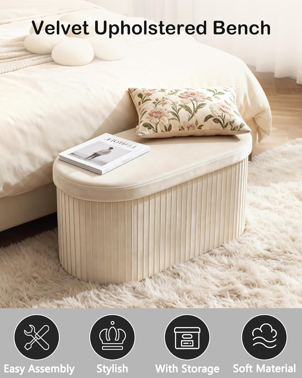 GLAXYFUR Oval Folding Storage Ottoman, Velvet Upholstered Foot Rest, 30 x 15 x 15 Inches Storage Bench for Bedroom, Living Room & Entryway, Beige