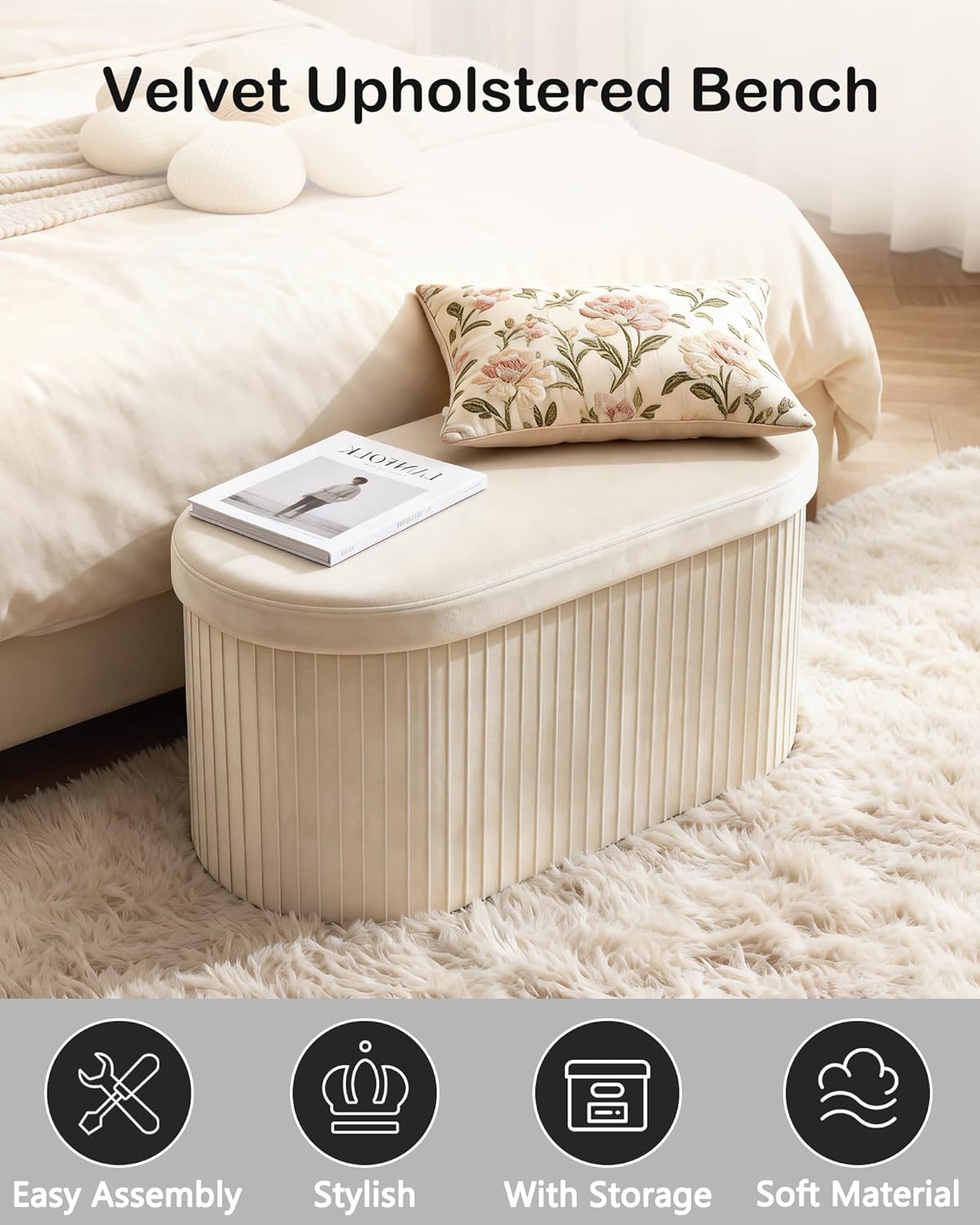 GLAXYFUR Oval Folding Storage Ottoman, Velvet Upholstered Foot Rest, 30 x 15 x 15 Inches Storage Bench for Bedroom, Living Room & Entryway, Beige