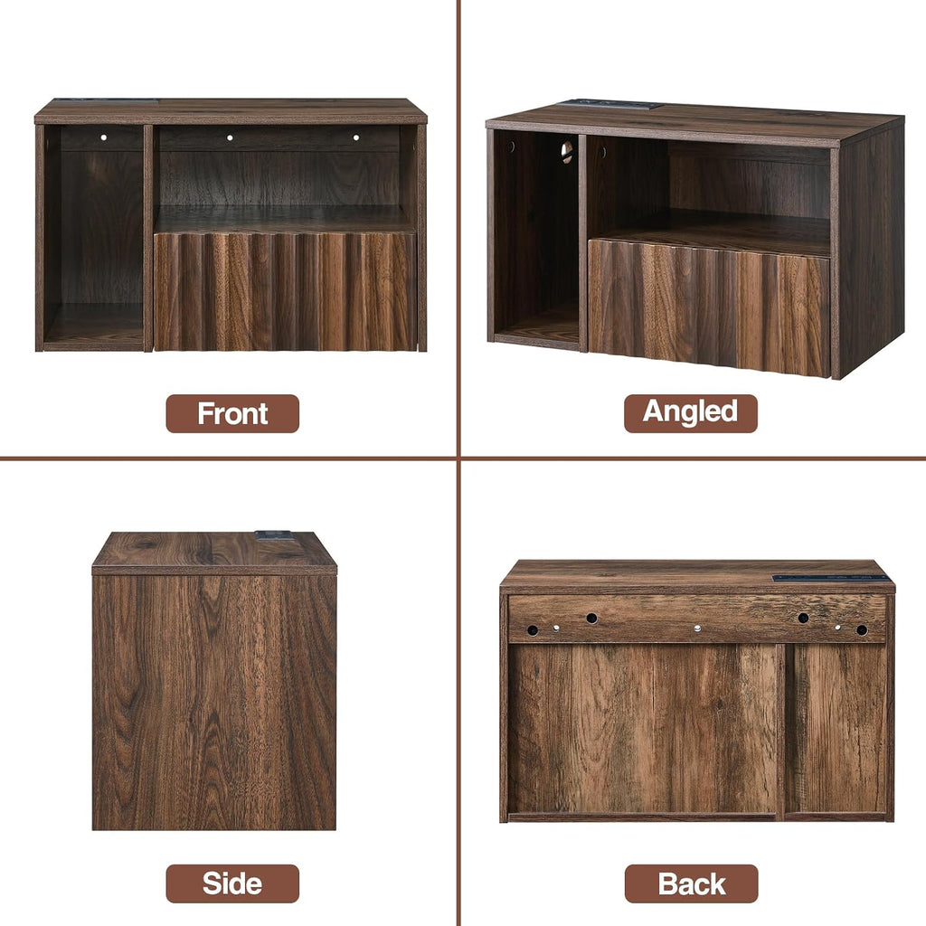 BuildHom Floating Nightstand Set of 2 with Charging Station, Walnut | Wall Mounted Side End Table with Drawer, Modern Fluted Design, 21 inch Larger Storage Night Stand with Outlet for Bedroom