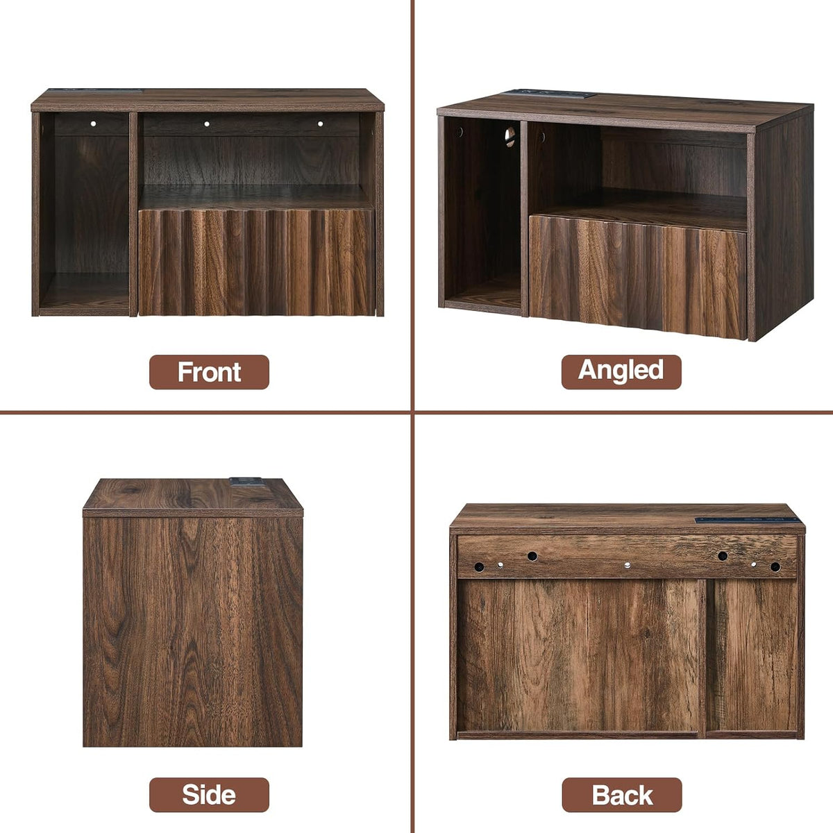 BuildHom Floating Nightstand Set of 2 with Charging Station, Walnut | Wall Mounted Side End Table with Drawer, Modern Fluted Design, 21 inch Larger Storage Night Stand with Outlet for Bedroom