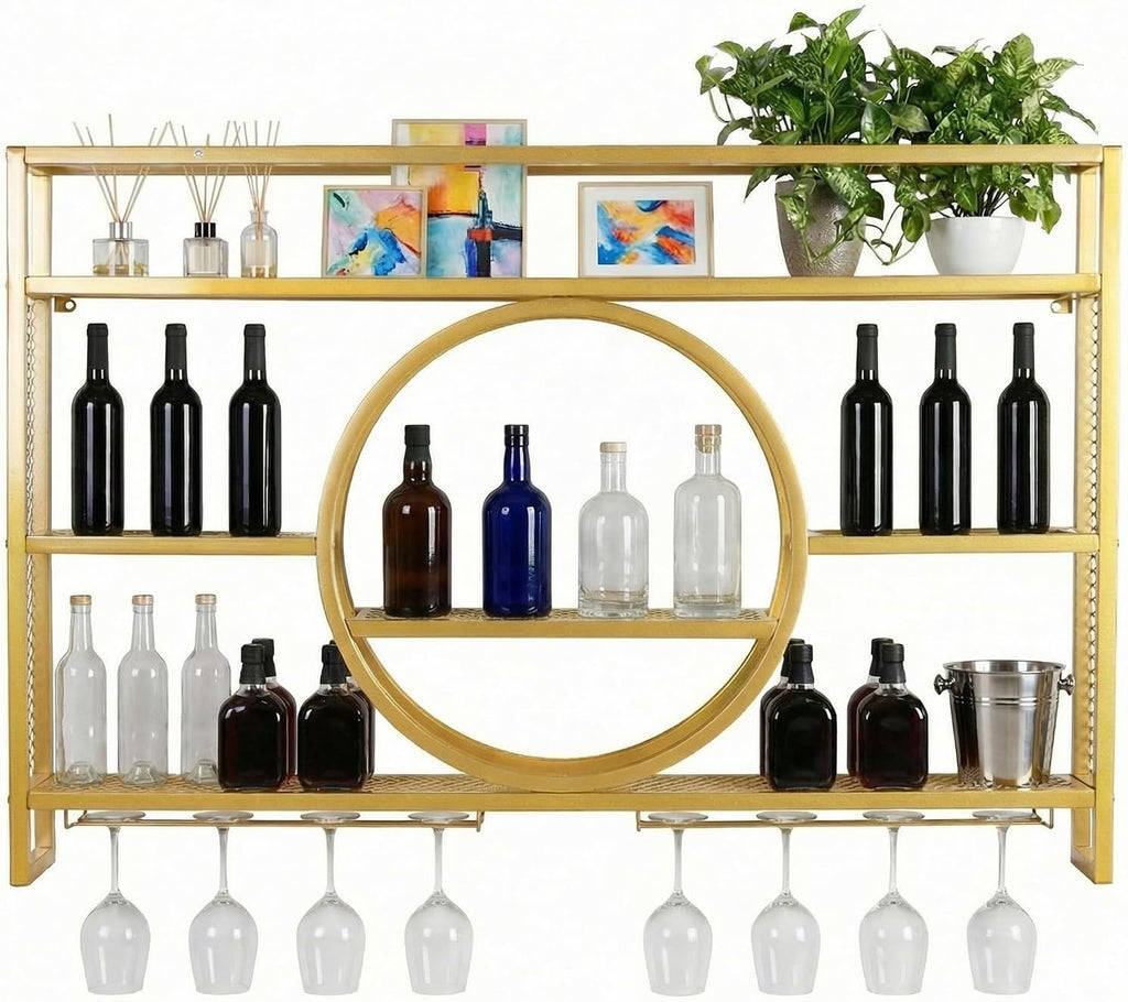Metal Wall Mounted Wine Rack 3 Tier with LED Light Large Capacity Modern Liquor Shelves with Glass Holder Storage for Home Bar Dining Room Kitchen Living Room
