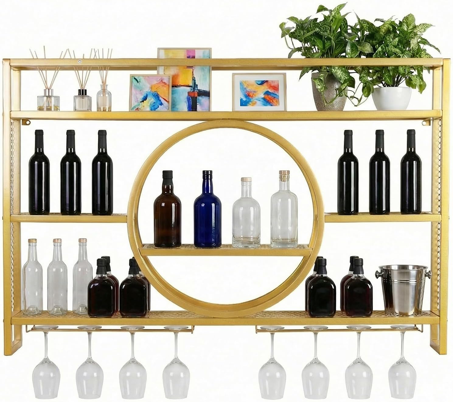 Metal Wall Mounted Wine Rack 3 Tier with LED Light Large Capacity Modern Liquor Shelves with Glass Holder Storage for Home Bar Dining Room Kitchen Living Room