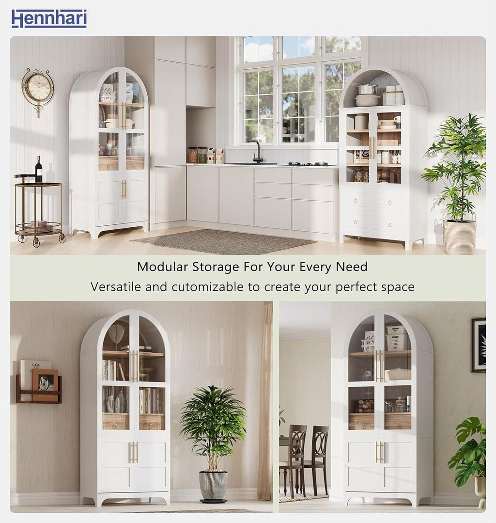 71" Tall Storage Cabinet with Arched Glass Doors, Pantry Cabinet with Solid Doors & Adjustable Shelves, Freestanding Kitchen Display Cabinet for Dining Room, Living Room (White)