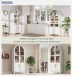 71" Tall Storage Cabinet with Arched Glass Doors, Pantry Cabinet with Solid Doors & Adjustable Shelves, Freestanding Kitchen Display Cabinet for Dining Room, Living Room (White)