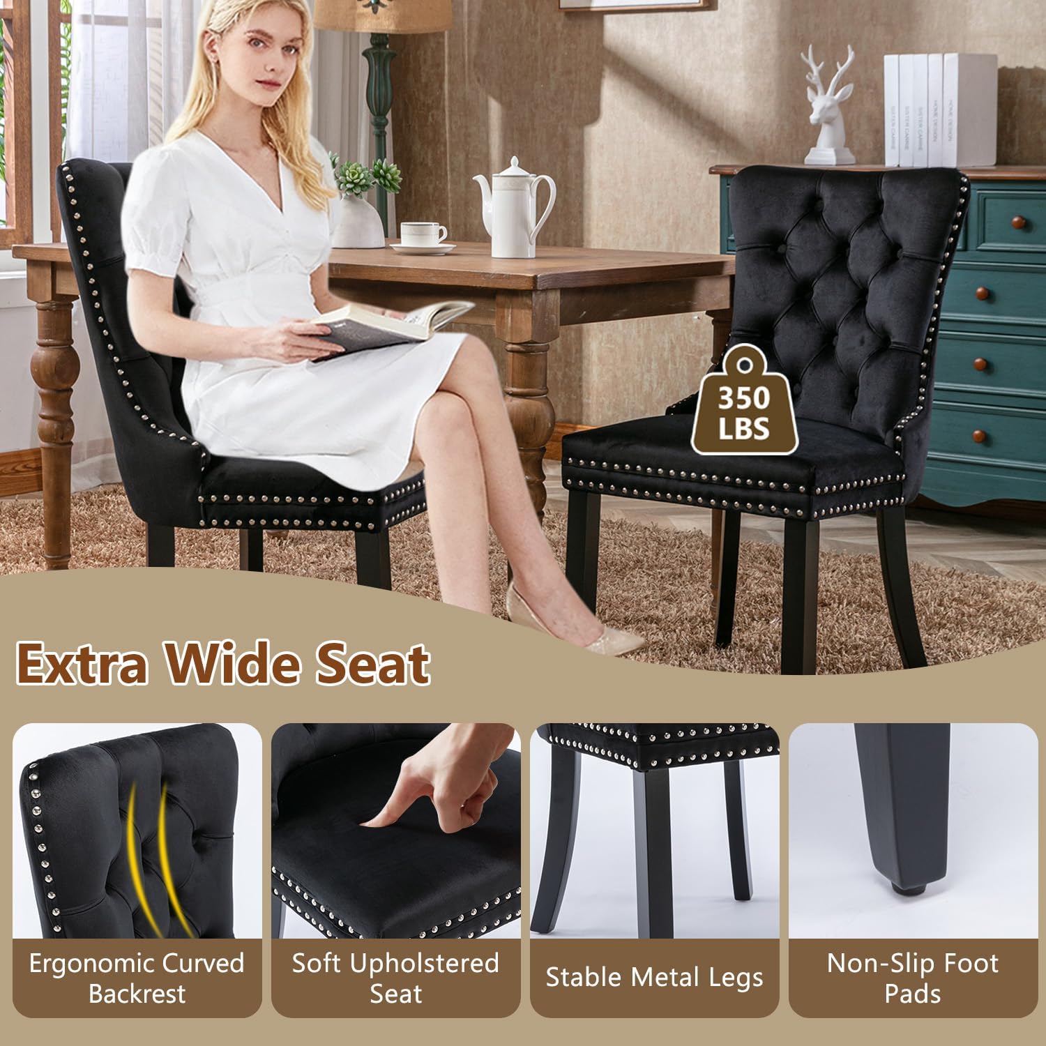 Dining Table Set for 10, 79'' Large Modern Rectangular Dining Room Table with 10 Velvet Chairs, Black Wood Finish, Reinforced Pedestal Base & Thick Tabletop, Stable Design for Home Dining