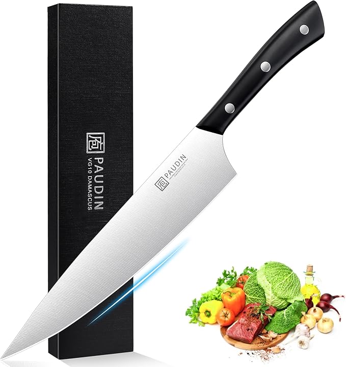 PAUDIN Chef Knife, 8 Inch Kitchen Knife, Ultra Sharp Knife - High Carbon Stainless Steel, Professional Chefs Knife, Ergonomic Handle with Three Rivets, Kitchen Gadgets with Premium Gift Box