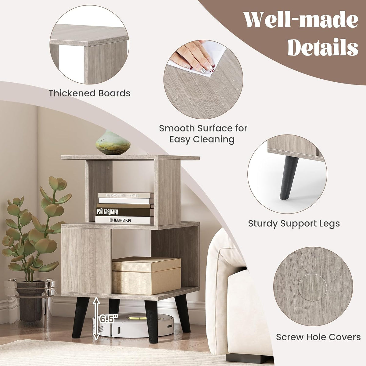 GOFLAME 3-Tier End Table Set of 2, Wood Sofa Side Table with Open Storage Shelves, Plastic Legs, Geometric Bedside Table, Modern Nightstand for Living Room, Bedroom, Small Spaces, Gray