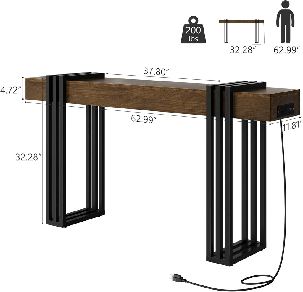 63" Long Console Table for Entryway - Behind Couch Table for Living Room, Wood Sofa Tables with Black Parallel Metal Frame & Power Outlet for Hallway, Entrance, Narrow Foyer, Walnut