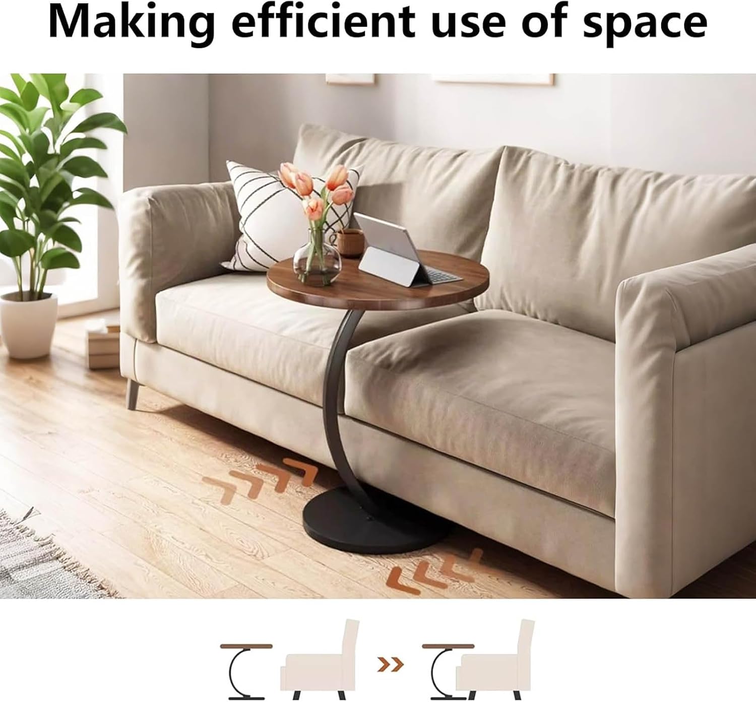 C Shaped End Table for Couchs, Couch Tables That Slide Under, Couch Side Table for Laptop, Suitable for Living Room, Bedroom and Small Spaces,White