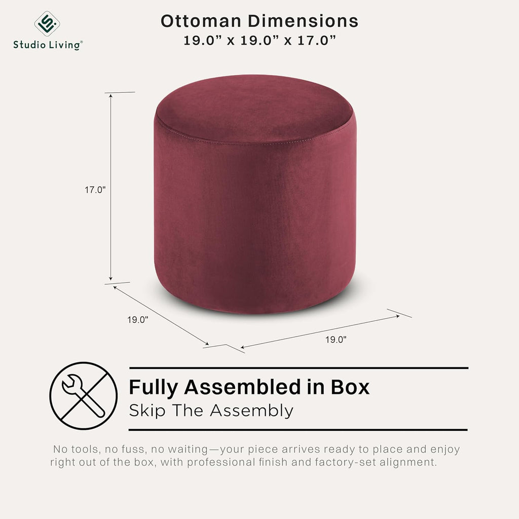 Studio Living® 19” Wentworth Ottoman Round Soft Velvet Bench, Stationary Ottomans, Backless Chair, Footrest for Living Room, Footstool Office, Bedroom, Padded Seat, Plum