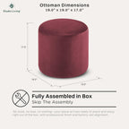 Studio Living® 19” Wentworth Ottoman Round Soft Velvet Bench, Stationary Ottomans, Backless Chair, Footrest for Living Room, Footstool Office, Bedroom, Padded Seat, Plum
