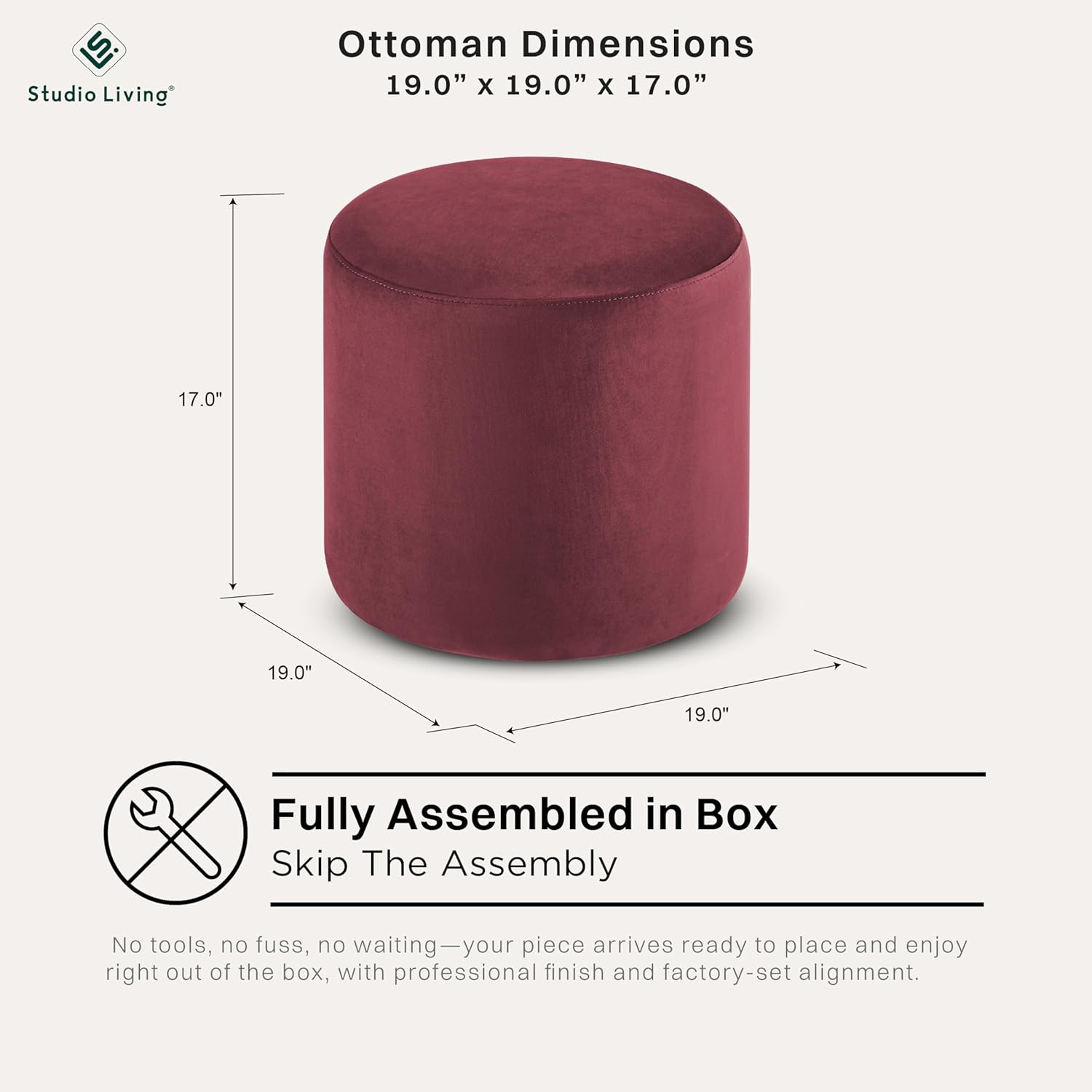 Studio Living® 19” Wentworth Ottoman Round Soft Velvet Bench, Stationary Ottomans, Backless Chair, Footrest for Living Room, Footstool Office, Bedroom, Padded Seat, Plum