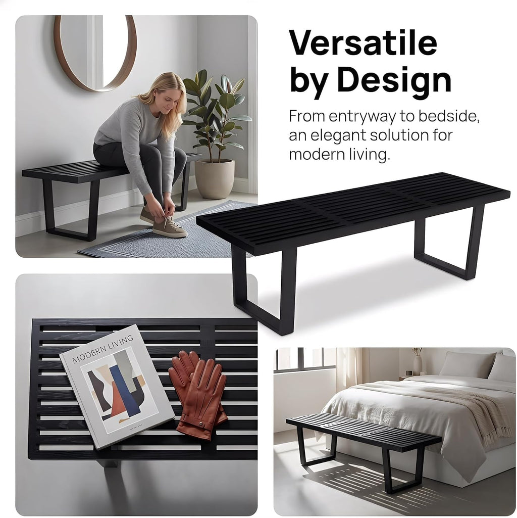 55" Black Wood Entryway Bench, Industrial End of Bed Bench for Bedroom, Wooden Dining Bench with Black Metal Frame, Long Bench Ottoman Bench for Living Room Foyer Indoor Hallway