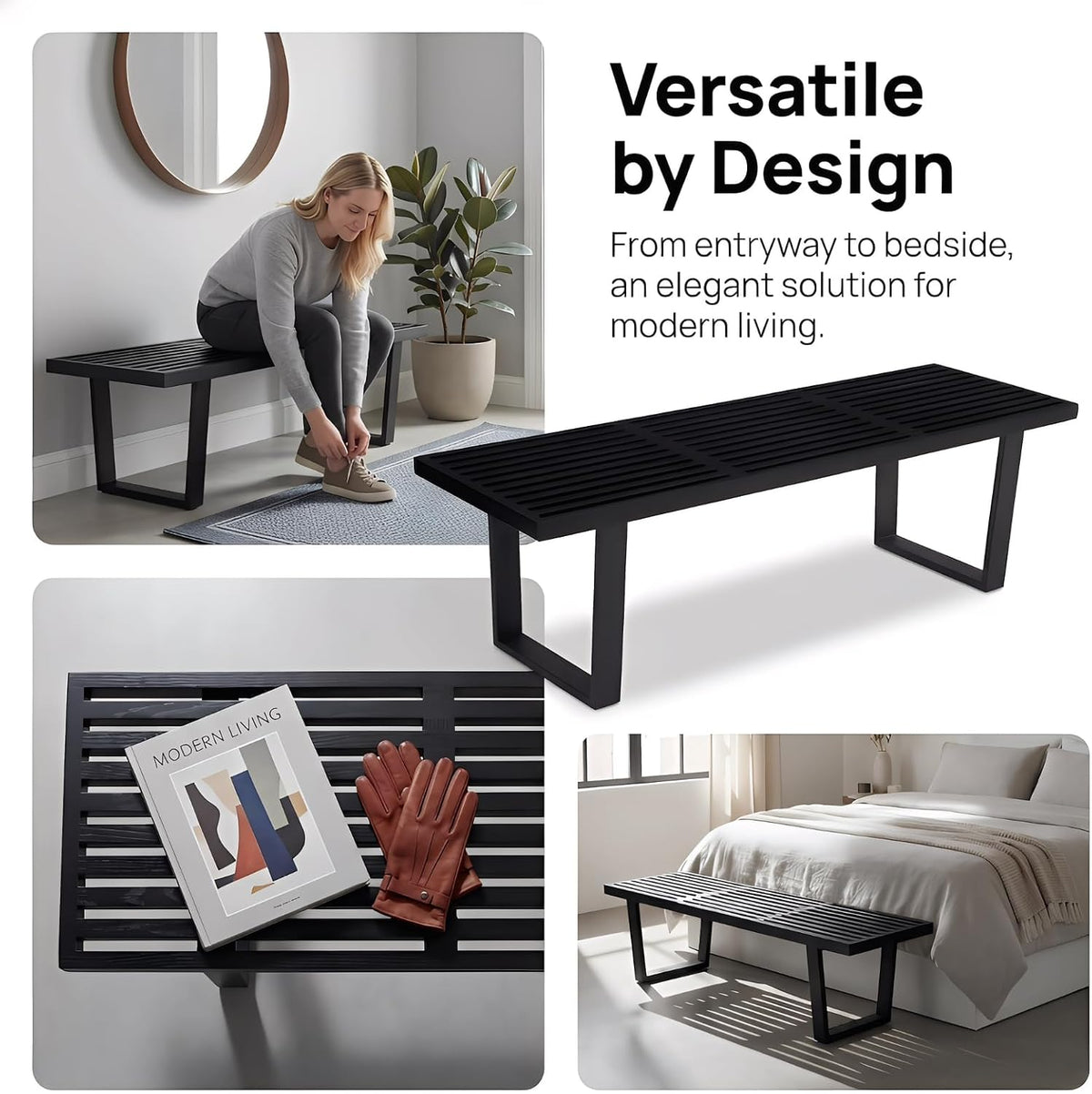 55" Black Wood Entryway Bench, Industrial End of Bed Bench for Bedroom, Wooden Dining Bench with Black Metal Frame, Long Bench Ottoman Bench for Living Room Foyer Indoor Hallway