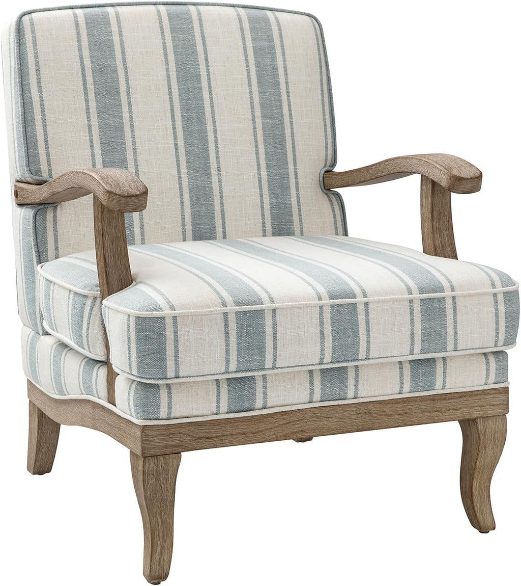 HULALA HOME Farmhouse Striped Accent Chair with Solid Wood Legs, Blue | Comfy Upholstered Patterned Armchair with Curved Armrests, Removable Cushion, for Living Room Bedroom Reading