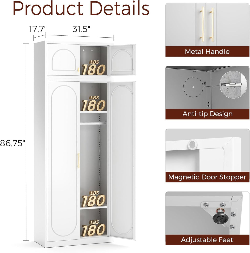 86" Tall Wardrobe Closet with Doors and Adjustable Shelves, White | Metal Armoire Wardrobe Closet, Wardrobe Cabinet with Hanging Rod, White Clothing Storage Cabinets for Bedroom, Home Office