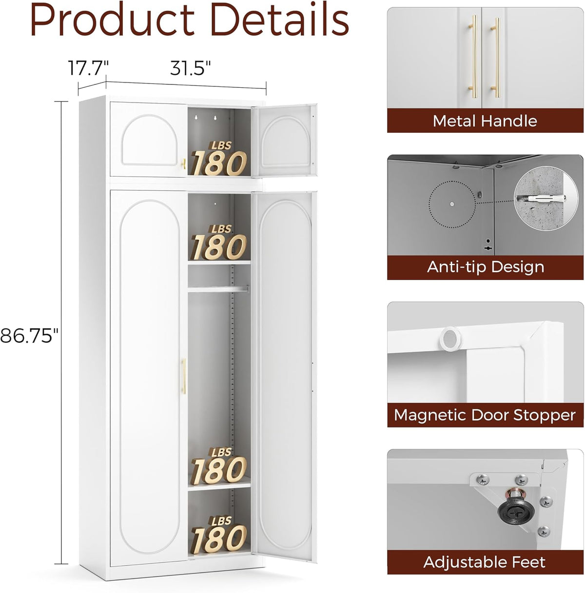 86" Tall Wardrobe Closet with Doors and Adjustable Shelves, White | Metal Armoire Wardrobe Closet, Wardrobe Cabinet with Hanging Rod, White Clothing Storage Cabinets for Bedroom, Home Office
