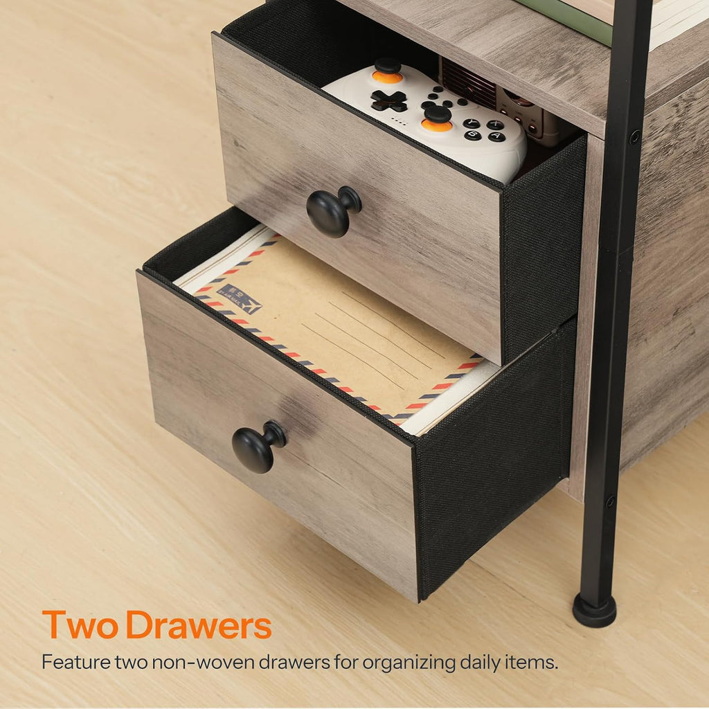 HOOBRO End Table with Charging Station & Led Light, Flip-Top Narrow Side Table with 2 Drawers, Nightstand for Small Spaces, Bedroom, Living Room, Stable and Sturdy, Greige and Black BG436UDBZ01