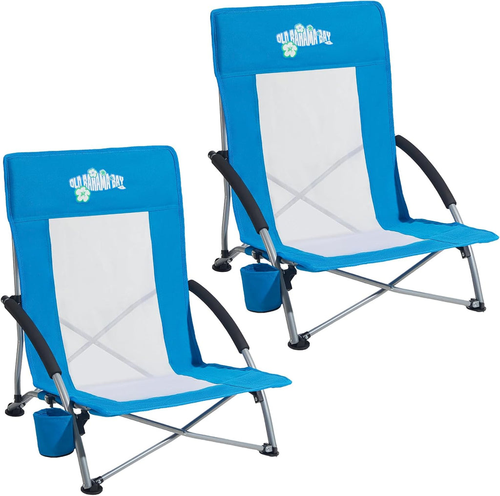 Old Bahama Bay Folding Beach Chair 2 Pack, Beach Chairs for Adults Low Beach Camping Chair with Cup Holder Mesh Back for Outdoor Fishing Sand Lawn, Supports up to 350lbs