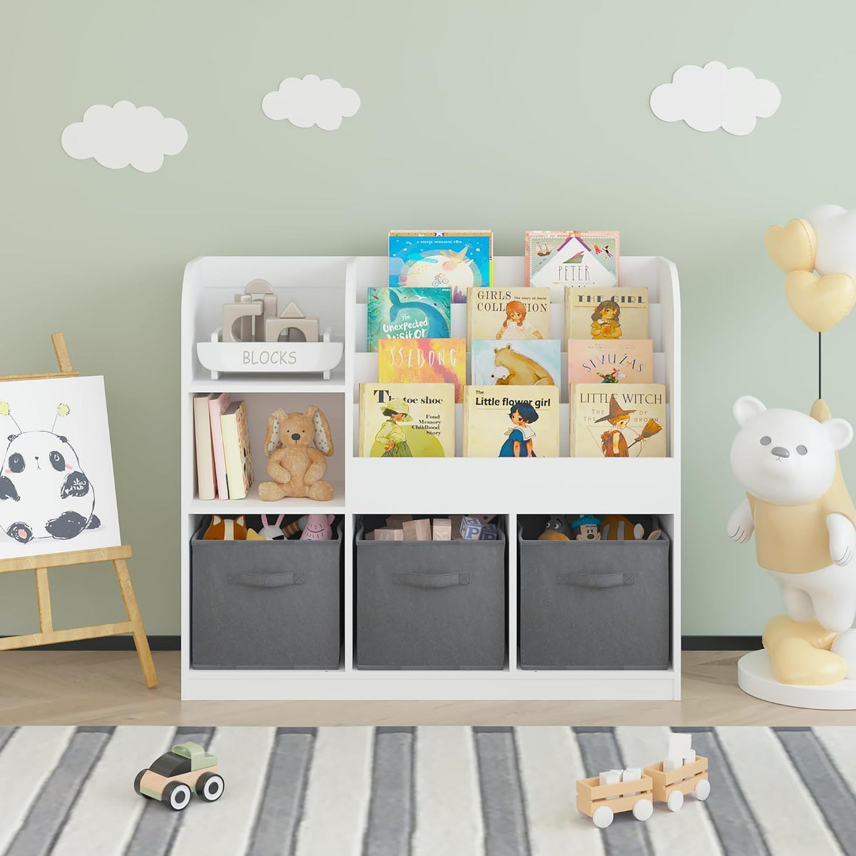 Kids Bookcase with 3 Collapsible Fabric Drawers, Multifunctional Toy | Sturdy MDF construction holds heavy books; anti-tip device for safety; 3 collapsible fabric drawers for toy storage; per