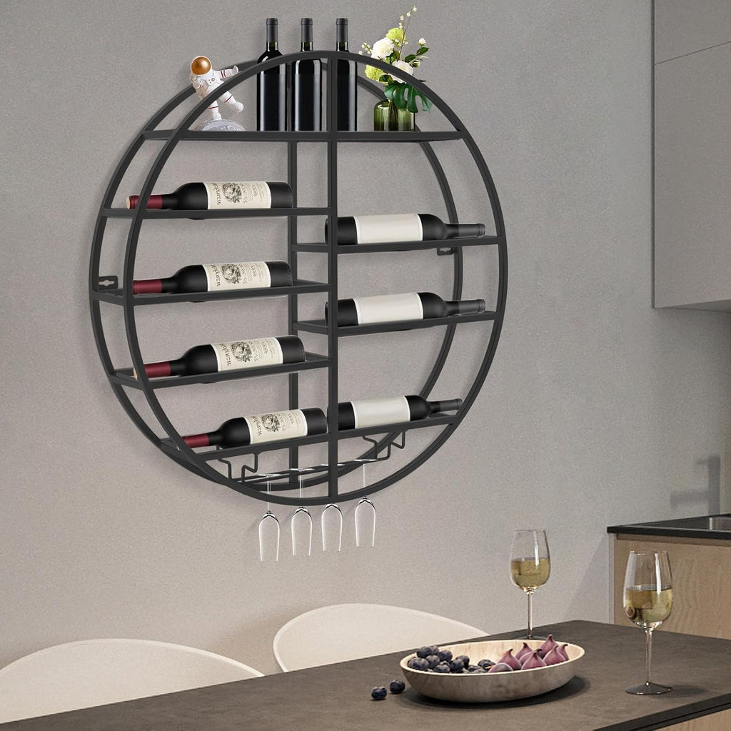 Round Wall Mounted Wine Rack 23.6Inch Metal Wine Display Rack Wine Glass Goblet Holder Bottle Holder for Bar Wine Cellar Kitchen Storage Display (Black)