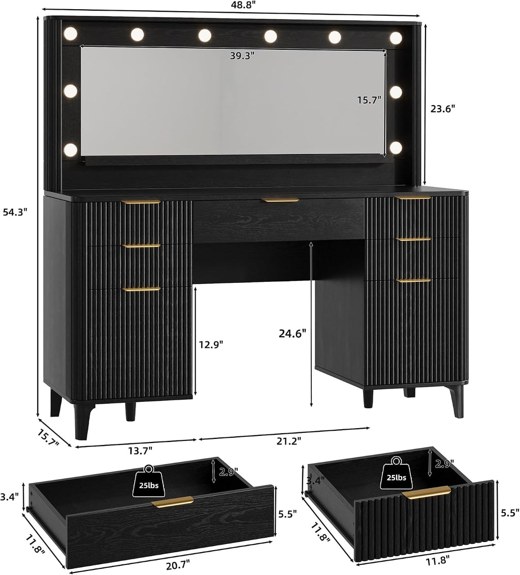 Fluted Makeup Vanity Desk with Large 39.3" Mirror and Lights, 48.8" Wood Vanity, Large Vanity Dressing Table, Modern Wooden Vanity Table for Women and Girls, Bedroom or Dorm (Inky Black)