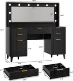 Fluted Makeup Vanity Desk with Large 39.3" Mirror and Lights, 48.8" Wood Vanity, Large Vanity Dressing Table, Modern Wooden Vanity Table for Women and Girls, Bedroom or Dorm (Inky Black)