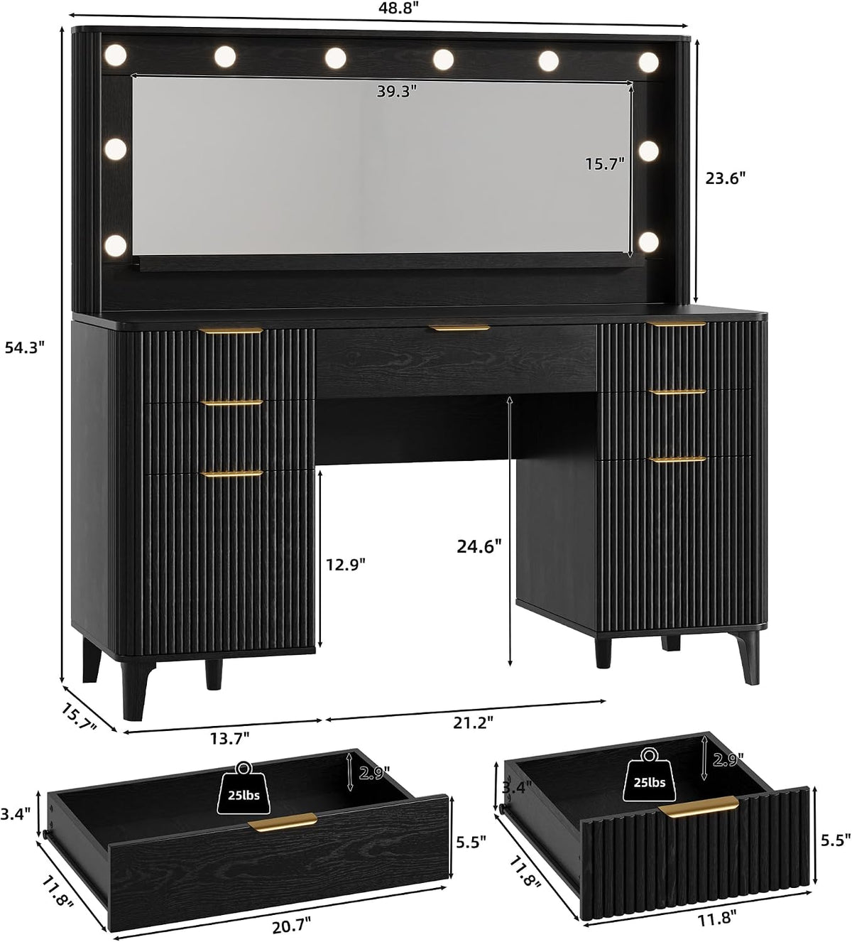 Fluted Makeup Vanity Desk with Large 39.3" Mirror and Lights, 48.8" Wood Vanity, Large Vanity Dressing Table, Modern Wooden Vanity Table for Women and Girls, Bedroom or Dorm (Inky Black)