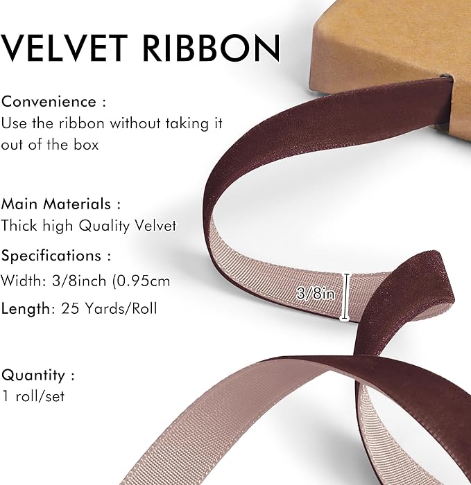 Brown Velvet Ribbon 3/8'' 25 Yards for Christmas Tree, Gift Wrapping, Flower Bouquet, Wreath Decorations, Bow Making