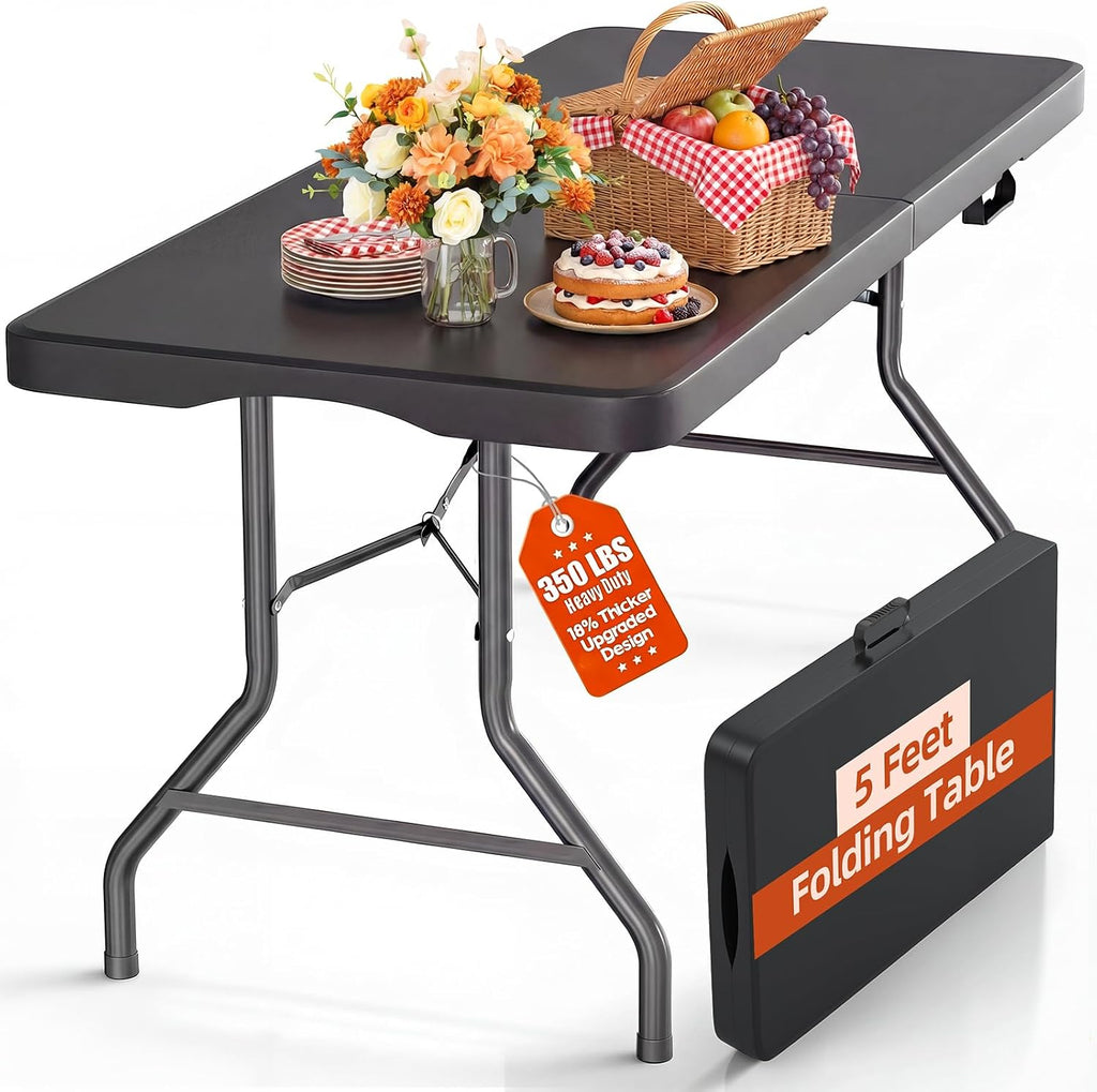 5ft Folding Table Heavy Duty 350 LBS Capacity Foldable Table with 18% Thicker HDPE Waterproof Top & Reinforced Steel Frame, Portable Fold-in-Half Table for Outdoor Indoor Party Wedding Camping