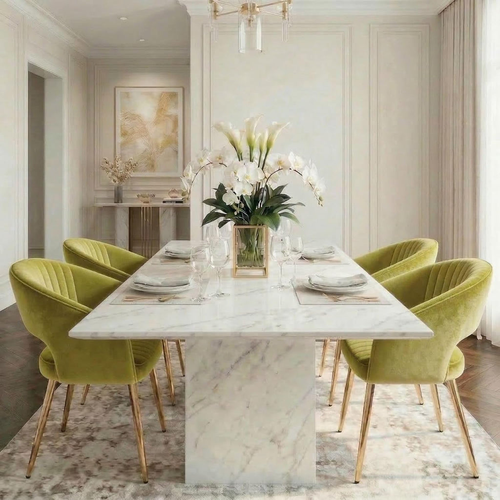 Hyfirm Green Velvet and Gold Dining Chairs, Set of 4 Modern Upholstered Arm Chairs with Hollow Backrest, Tufted Accent Side Chair with Sturdy Metal Legs for Dining Room, Living Room, Kitchen, Salon