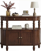 Curved Console Table with Solid Wood Legs, 47" Half Moon Sofa Table with Storage, Drawer & 2-Doors, Real Wood Veneer, Adjustable Shelf, Anti-Tip, Entryway Table for Living Room/Hallway,Walnut