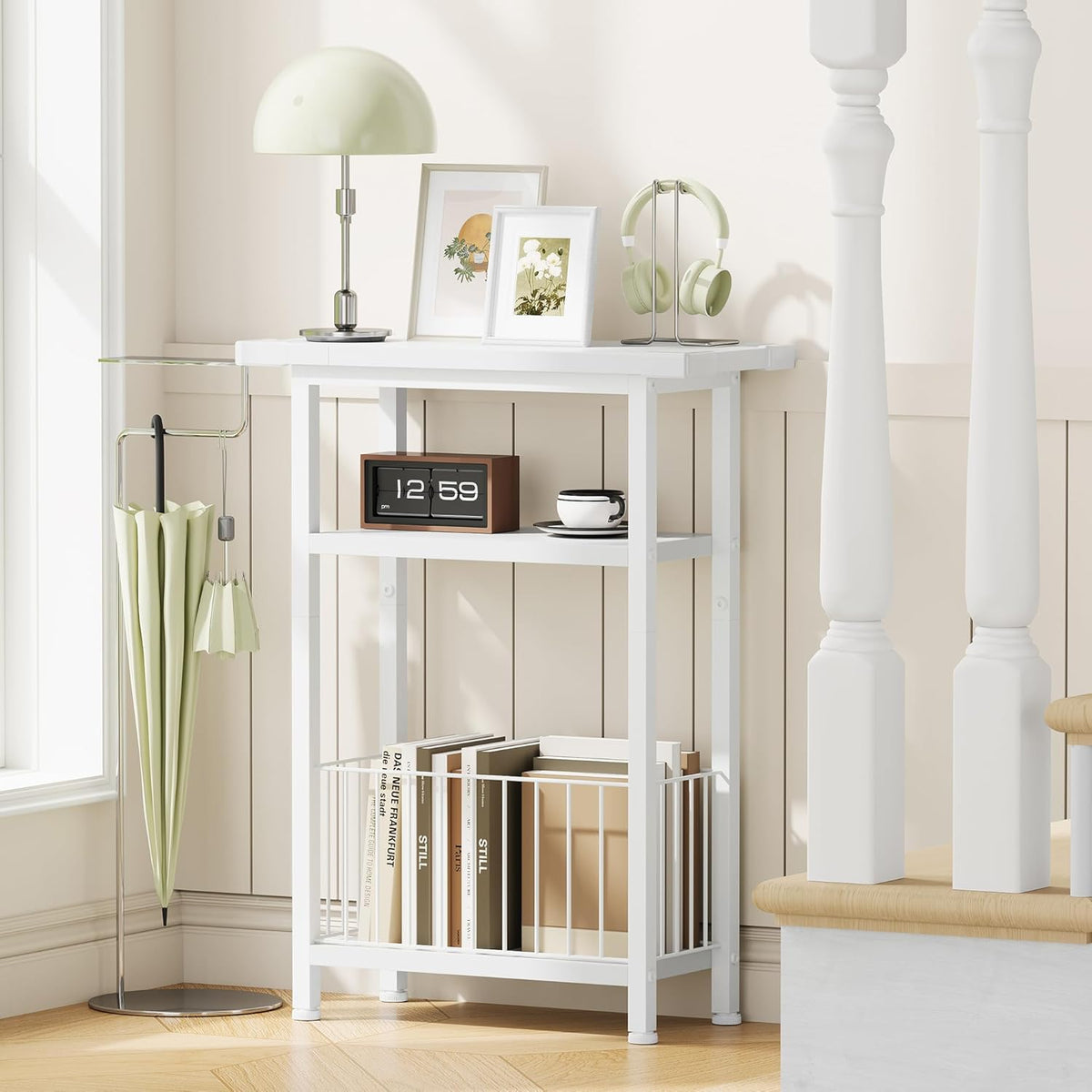 Heybly Small Narrow Side Table for Small Space, Thin Bedside Table with Storage Basket, Skinny End Table, 25.2" Tall Nightstand, Couch Table for Living Room, Bedroom, Study, Kitchen, White, HET004WT1
