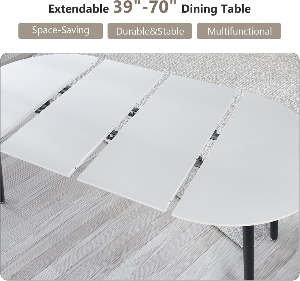 Extendable Round Dining Table for 4 6, Solid Wood for Dining Room Kitchen Office, 43"- 74" Modern Oval Kitchen Table, Removable Leaves Space Saving Expandable Dinner Table White