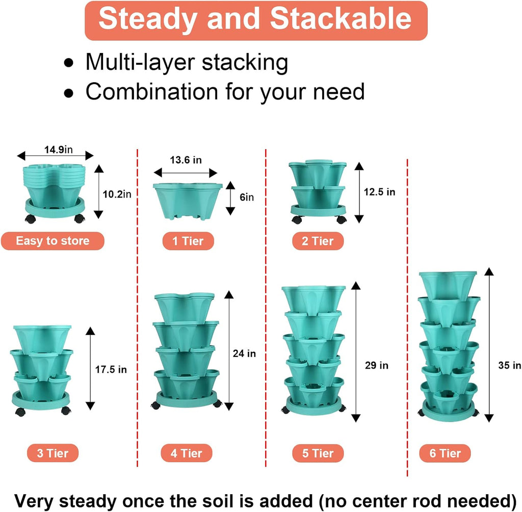 Vertical Planter 6 Tier Stackable Planters Garden Planters Strawberry Herb Flower and Vegetable Planter Indoor Outdoor Gardening Pots with Removable Wheels and Tools