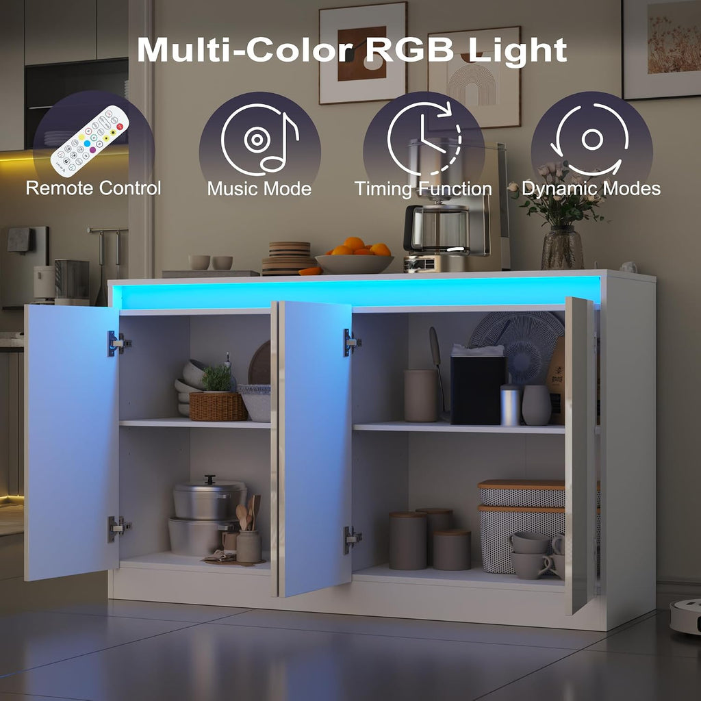 Furnify 51" W Buffet Cabinet with 4 Doors, High Gloss Dorr Sideboard Coffee Bar with LED Lights & Charging Station, Handless Modern Sideboard Storage Cabinet for Living Room, Entryway, White