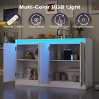Furnify 51" W Buffet Cabinet with 4 Doors, High Gloss Dorr Sideboard Coffee Bar with LED Lights & Charging Station, Handless Modern Sideboard Storage Cabinet for Living Room, Entryway, White