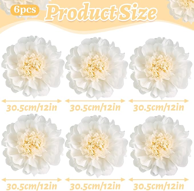 SUNBEAUTY 6 Pcs White Giant Paper Flowers Decorations 12" Large Tissue Artificial Crepe Paper Flowers for Party Wedding Wall Table Birthday Baby Shower Bridal Nursery Room Tea Party Backdrop Decor