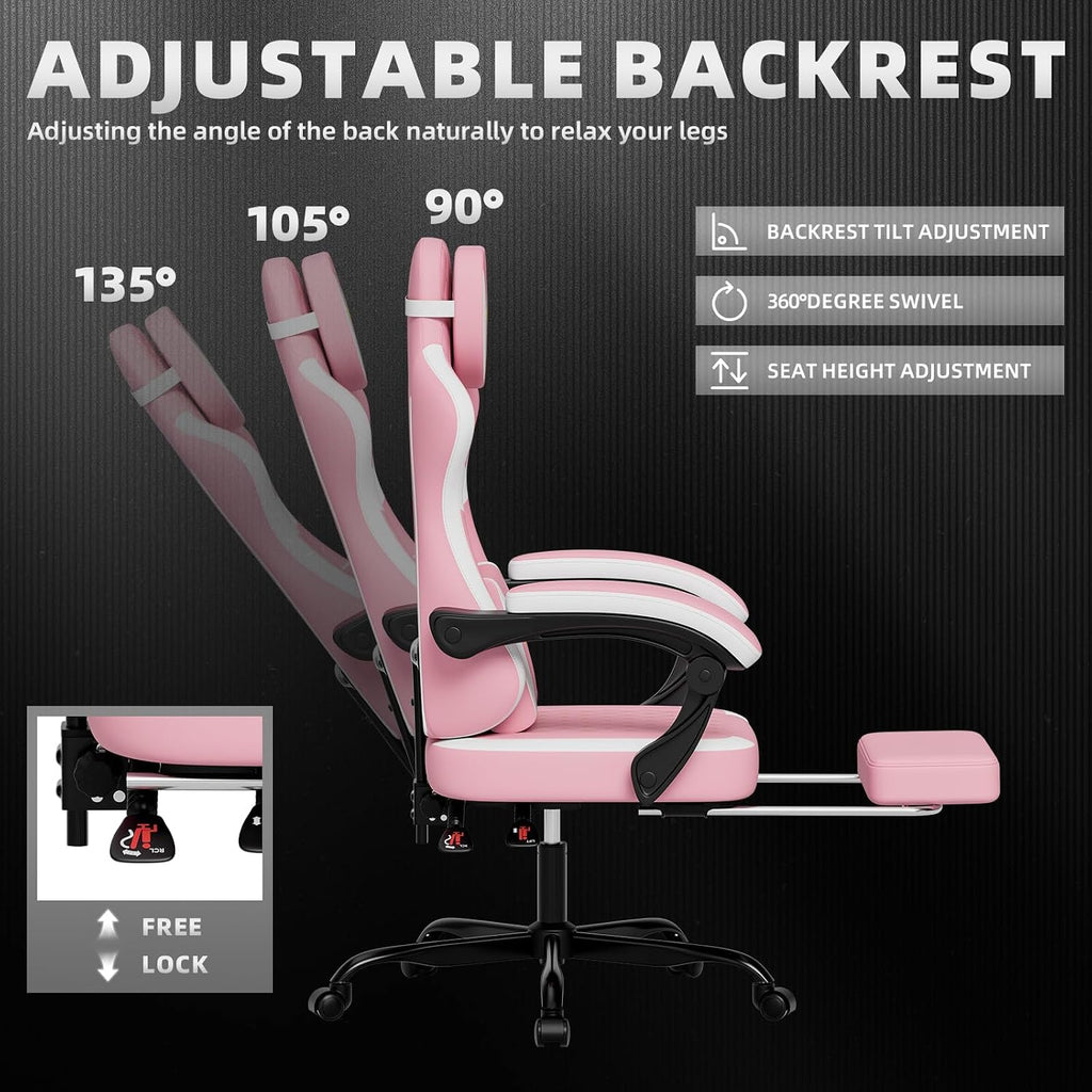 Ergonomic Gaming Chair with Footrest & Massage Lumbar Pillow, Height Adjustable 360° Swivel Computer Chair, Linked Armrest & Headrest for Office Gaming (Pink White)
