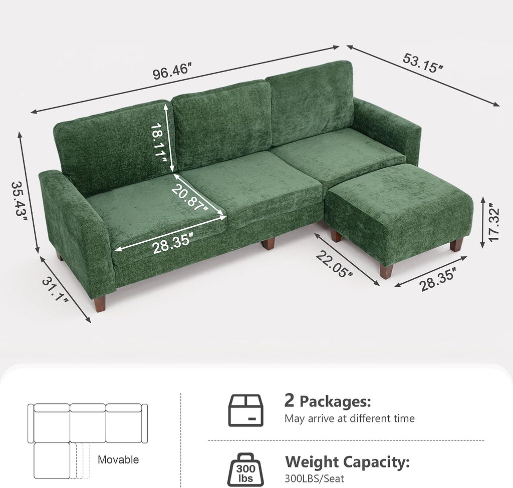 L Shaped Sectional Couch for Living Room, Modular Small Sofa with Ottoman | 96 Inch, 3 Deep Seats, Green, Chenille, Easy Tool-Free Assembly, Modern Compact Sofa Set for Apartment, Office, Small Space
