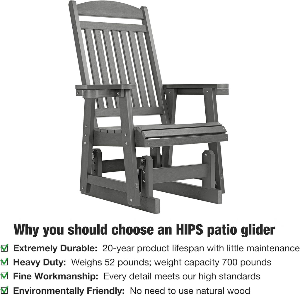 Poly Lumber Patio Glider for One Person, with Cup Holders, High Backrest and Deep Contoured Seat, HIPS Material, All-Weather Resistant, Heavy Duty 700 LBS (Gray)