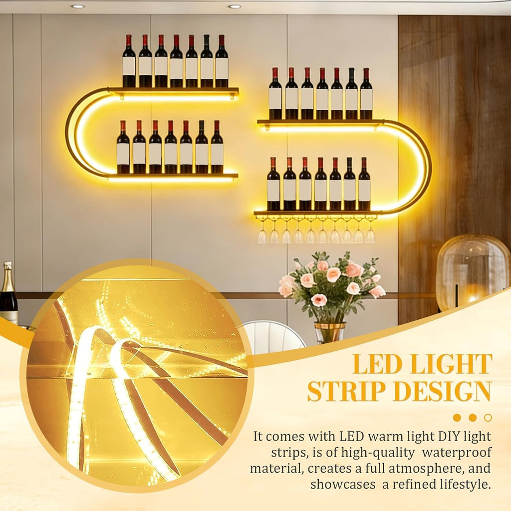 71" Modern Wall Mounted Wine Rack with LED Lights, 4-Tiers Wine Rack with Wine Glass Holder, Liquor Bottle Display Shelf for Home Bar Dining Room Kitchen Living Room-Black 70.87“